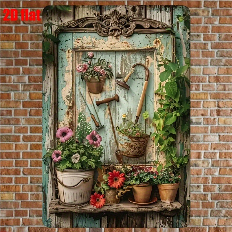 Gardening Tools Vintage - ヴィンテージ花柄メタルティンサイン 8x12インチ 壁飾り ガーデンガーデニングツール 花柄ギフト メタルサイン