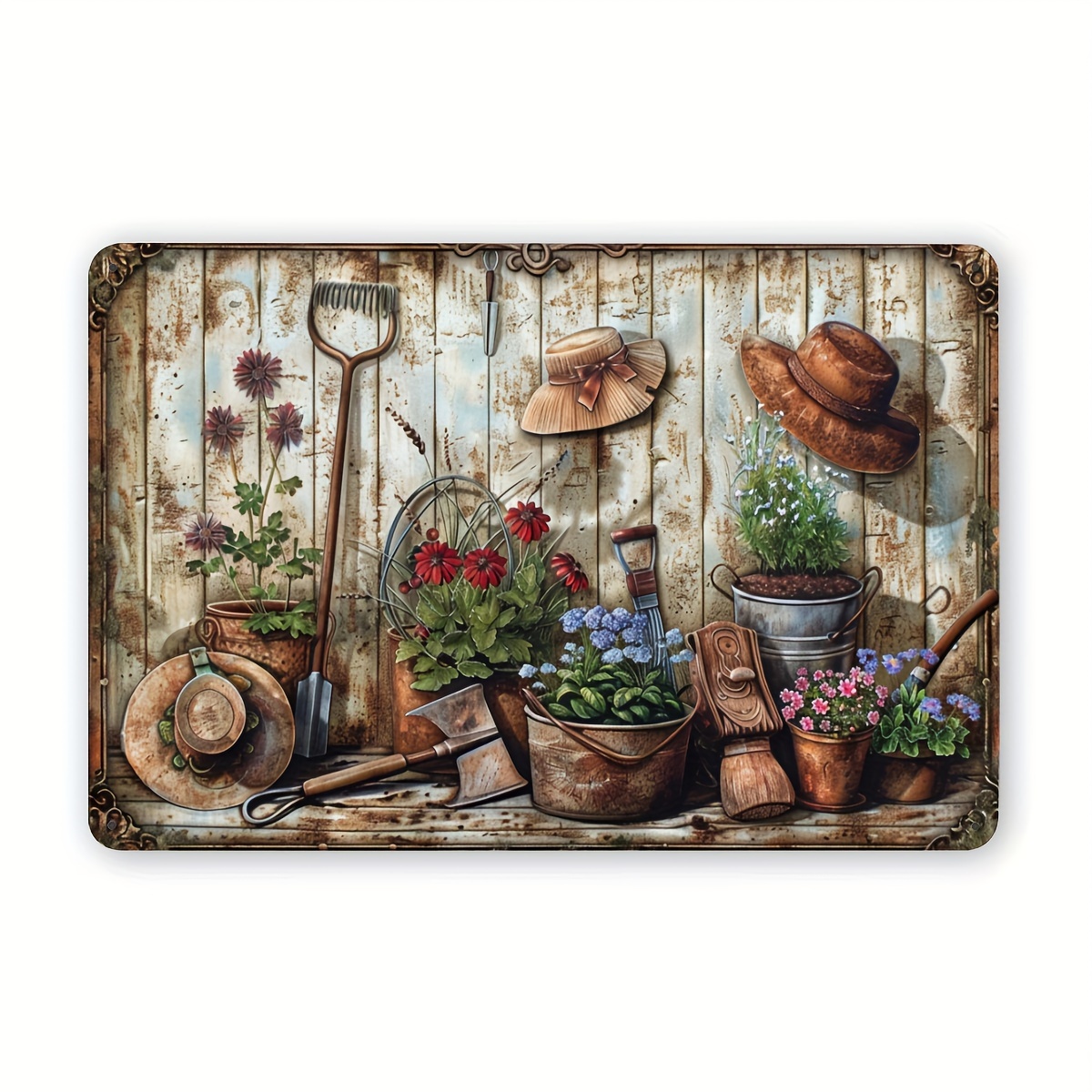 Gardening Tools Vintage - 2Dフラット、ヴィンテージ風花柄メタルウォールアートサイン - 30.48x20.32cm 花、バケツ、帽子、道具が描かれた素朴な庭の装飾、耐久性あり