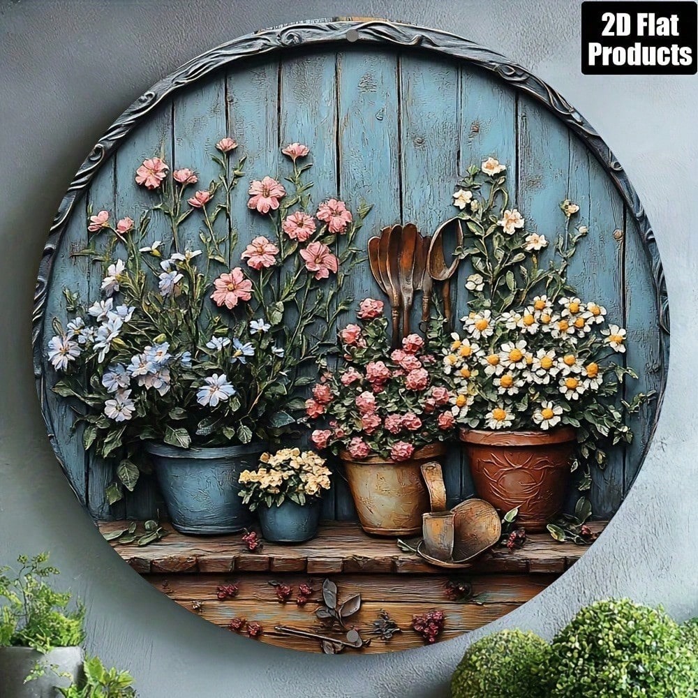 Gardening Tools Vintage - ヴィンテージラウンドアルミ製ウォールアート、素朴な8x8インチメタルプレート（庭の装飾用）、フラットな花柄と工具柄のデザイン（キッチンカフェ用）