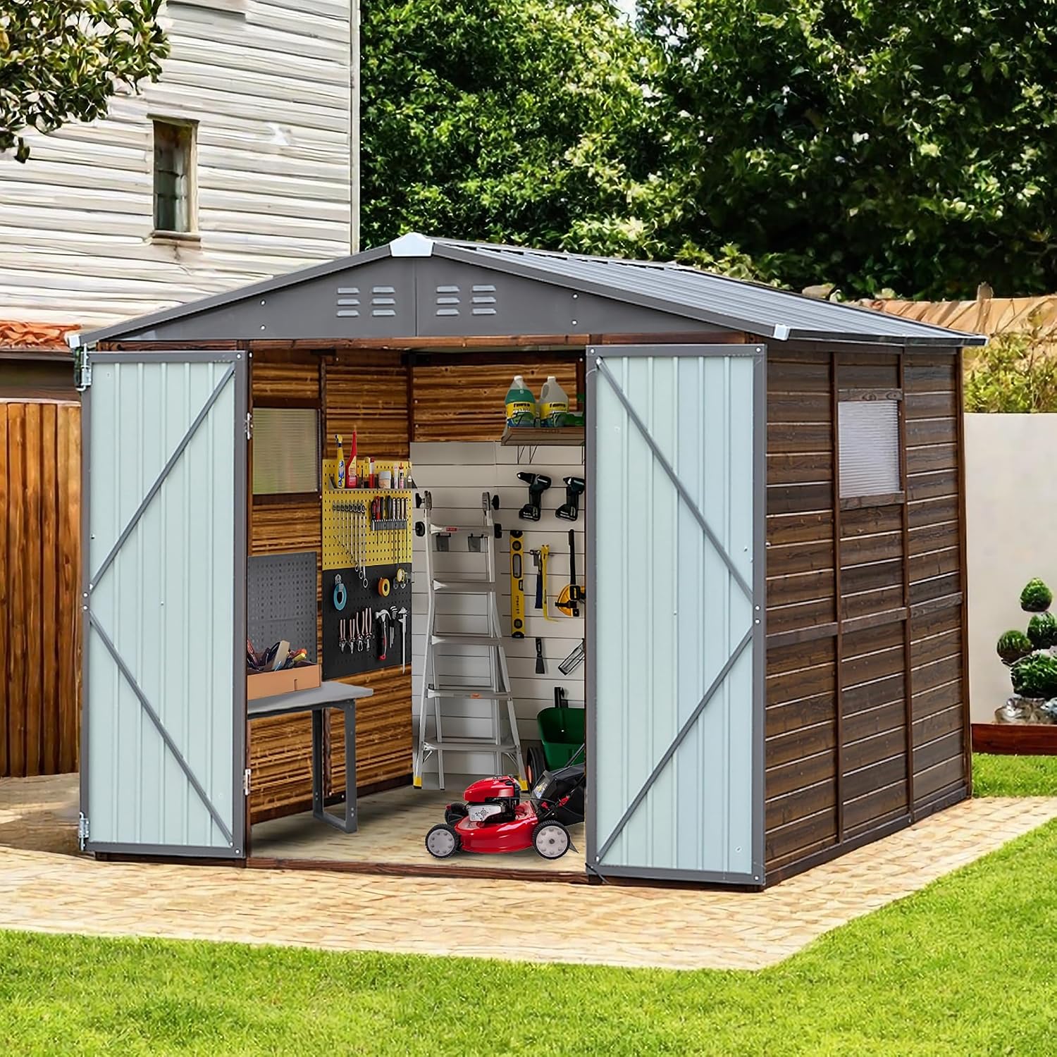 8x8フィートの屋外用木製＆金属製収納庫、防水仕様、窓と4つ - Gardening Tools In のレビューと価格