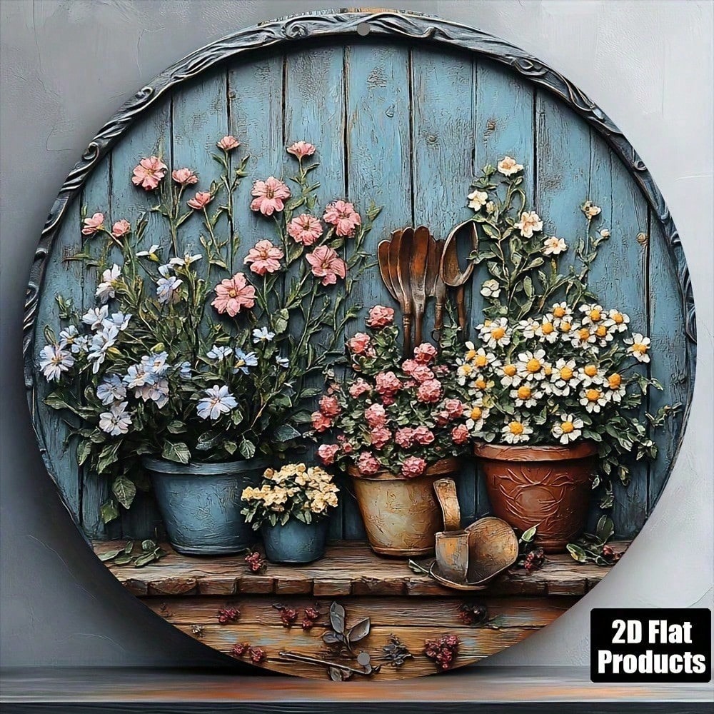 ヴィンテージラウンドアルミ製ウォールアート、素朴な8x8イン - Gardening Tools Vintage のレビューと価格