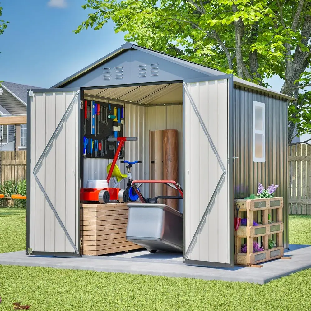 6x6フィートの亜鉛メッキ鋼製屋外収納庫（ロック可能なドア、 - Gardening Tools In のレビューと価格